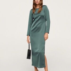 NEW w/tags MANGO Side Slit Long Sleeve Green Satin Dress XS